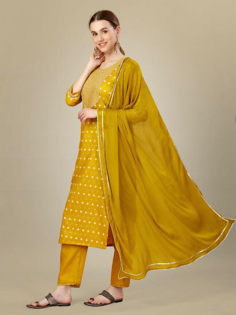 Jyoti Fashion Women's Golden Silk Blend Embroidery & Sequence work Kurta with Trouser & Dupatta | Grocsy
