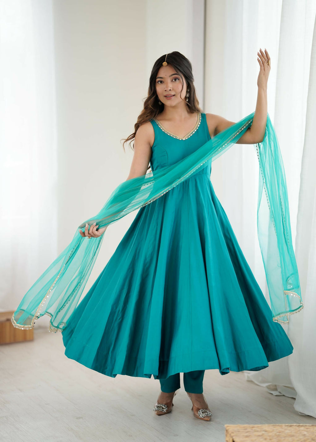 The52 Women's Beautiful Roman Silk Chanderi Fabric Flared Anarkali Pant and Dupatta Set | Grocsy