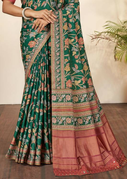 Green Gajji Silk Floral Print with Hand Mirror work Border Saree - Norita Nirvi | Grocsy
