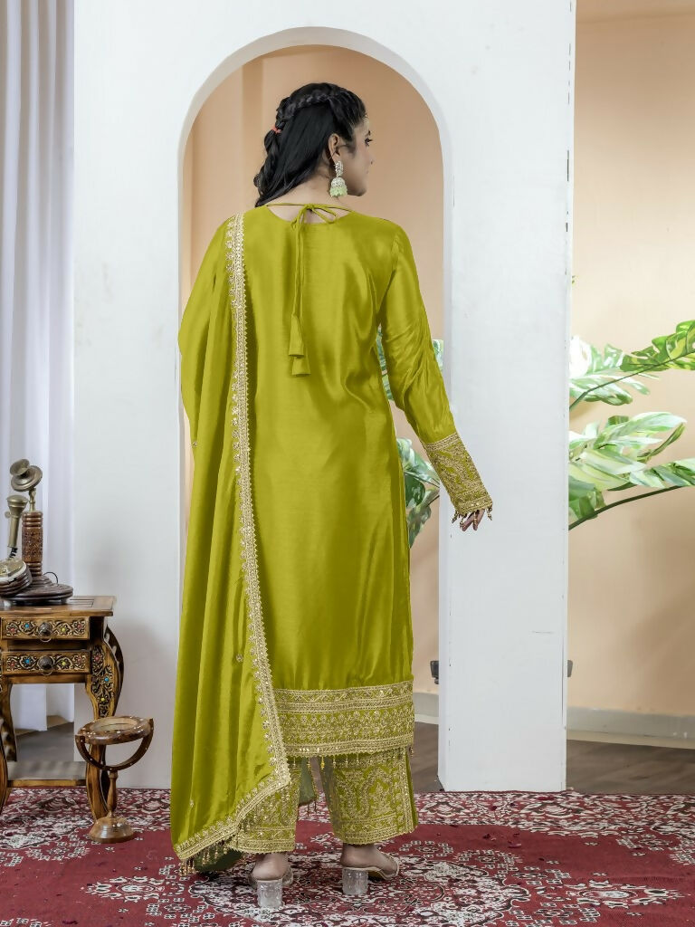Teeya Creation Pista Green Color Chinnon Silk Embroidery Work Fully Stitched Salwar Suit | Grocsy