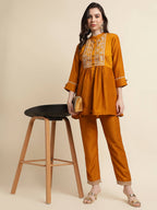 Mustard Chinon Floral Embroidered Top with Bottom - Maanushi | Grocsy