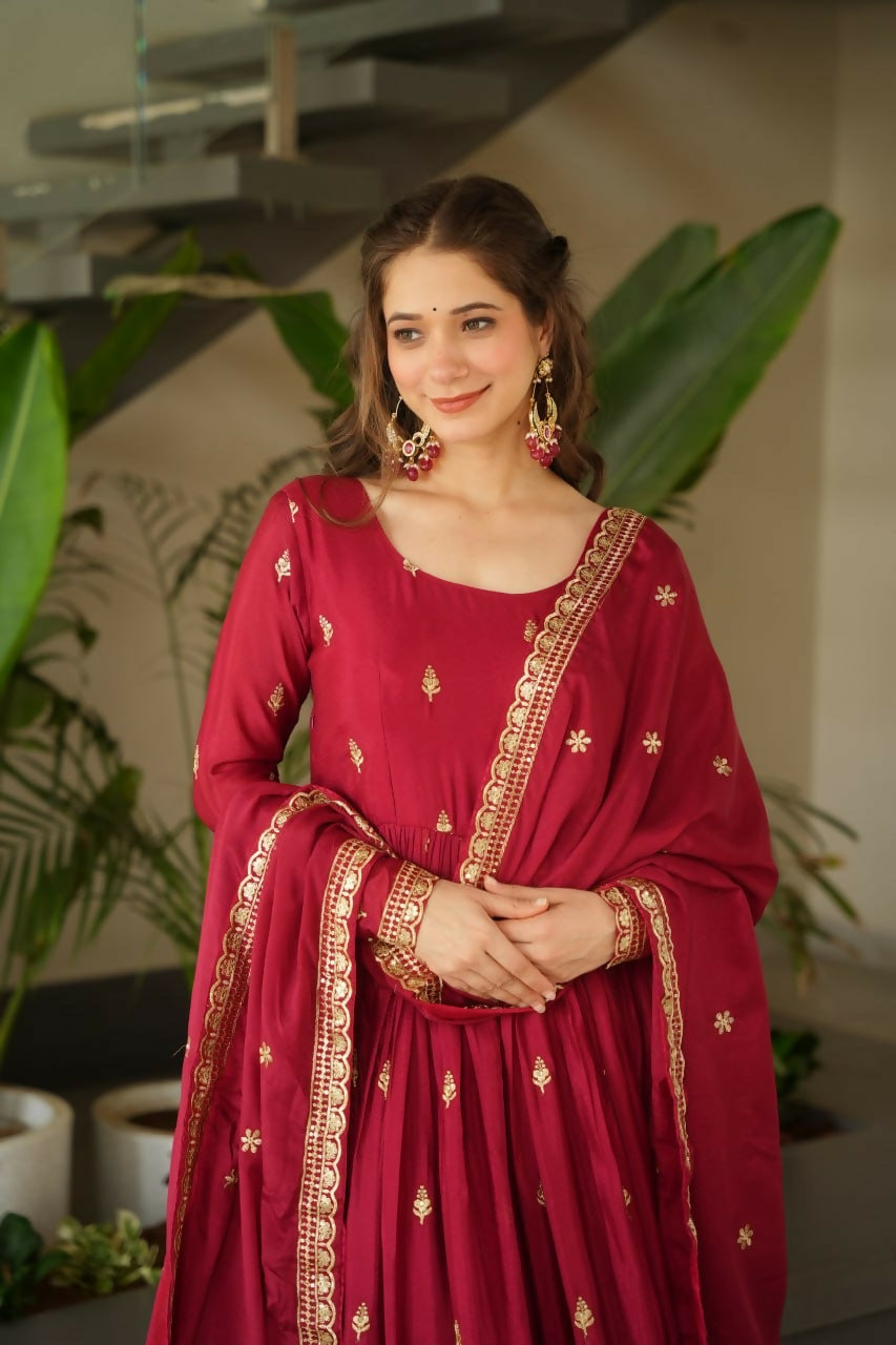 Teeya Creation Maroon Color Chinon Silk Party Wear Long Gown | Grocsy