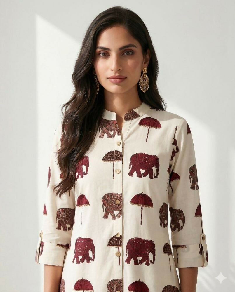 Teeya Creation Women New Trendy Off-White & Maroon Red Elephant Print Cotton Kurta with Palazzos | Grocsy