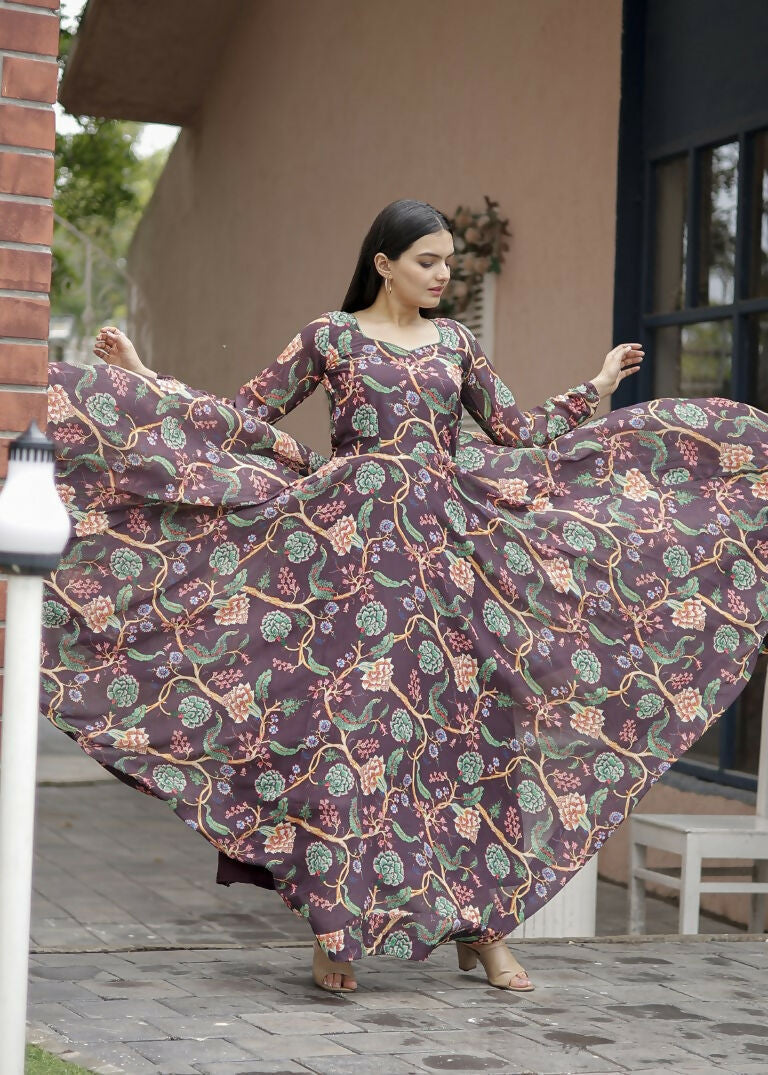 Jyoti Fashion Women's Coffee Faux Georgette Floral Digital Printed Anarkali Dress with Dupatta | Grocsy