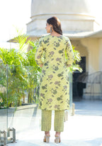 Juniper Women's Lime Green Floral Printed Cotton Kurta Set With Thread Work | Grocsy