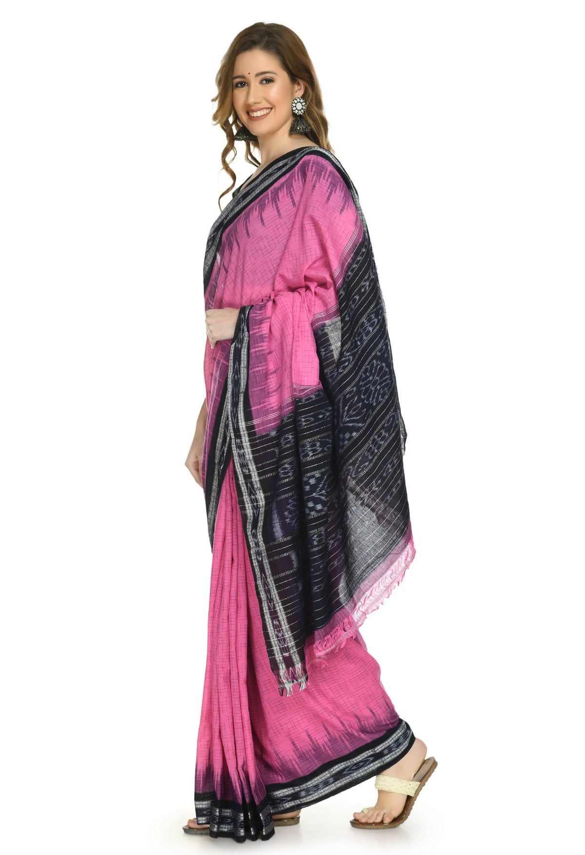 Vamika Sambalpuri Ikat Cotton Jharana Pink & Black Saree | Grocsy