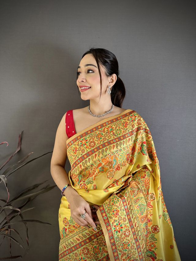 Elora Yellow Pashmina Silk Meenakari Weaving Madhubani Design Kashmiri Saree | Grocsy