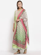 Myshka Women's Green Royan Printed 3/4 Sleeve Round Neck Casual Anarkali Kurta Dupatta Set | Grocsy