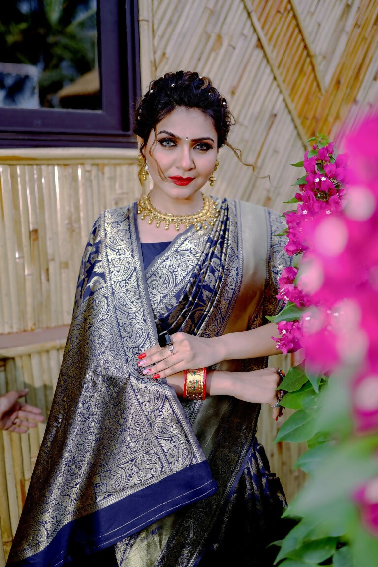 Partywear Designer Blue Banarasi Silk Fancy Saree - Starwalk | Grocsy