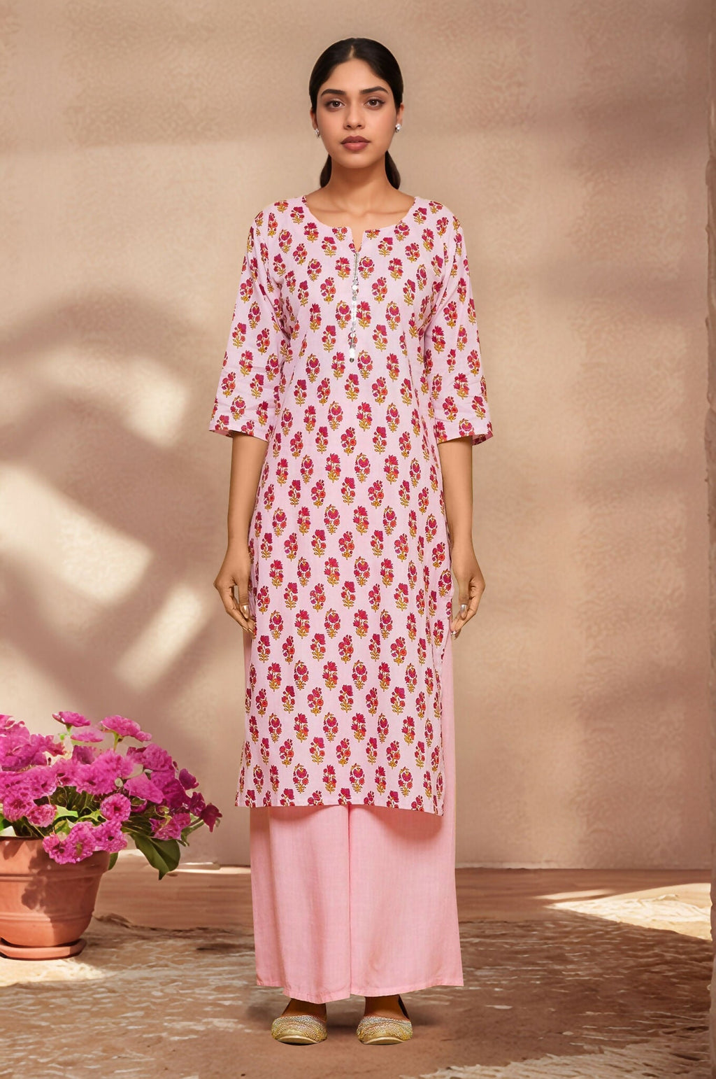 Joban Fashion Pink Flower Printed Cotton Kurti With Siqunce In Neck | Grocsy