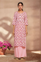 Joban Fashion Pink Flower Printed Cotton Kurti With Siqunce In Neck | Grocsy