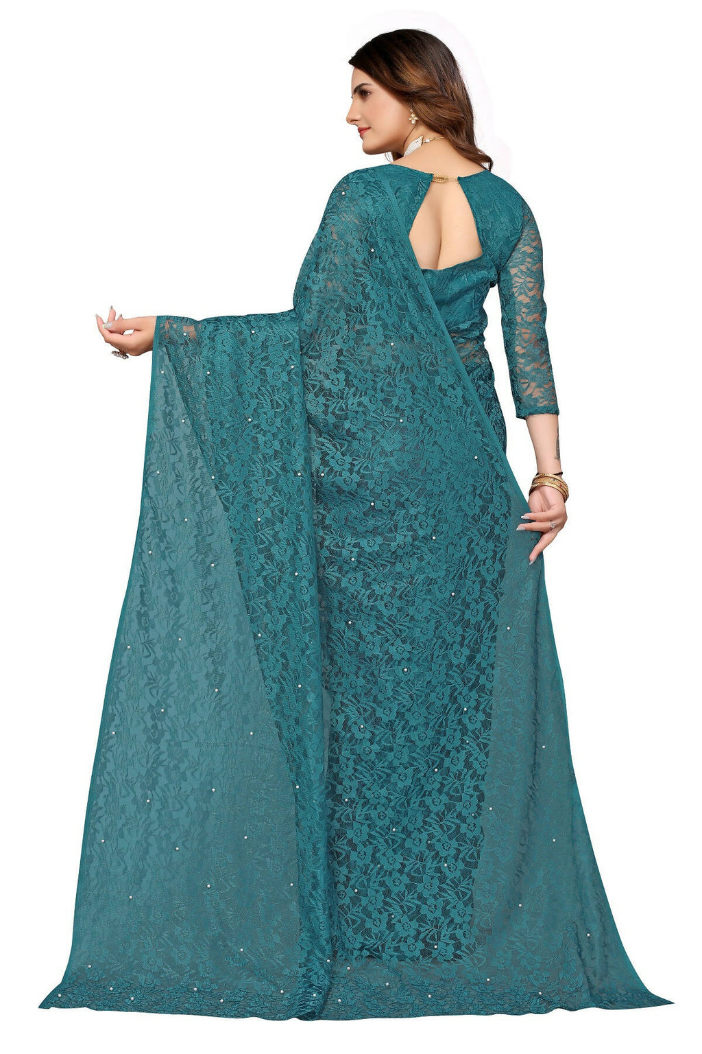 Vamika Rama Green Pearls Net Saree | Grocsy