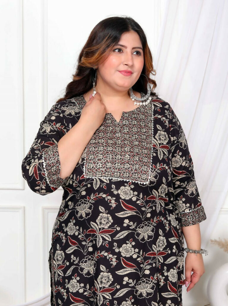 Miravan Women's Plus Size Multi Colour Floral Printed Zari Embroidery Yoke Design Kurta with Palazzo | Grocsy