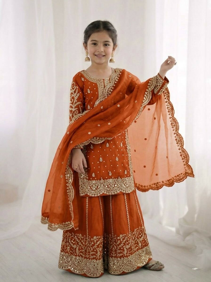 Teeya Creation New Trendy Fully Stitched Ready to Wear Kids Kurta Palazzo Set-Orange | Grocsy