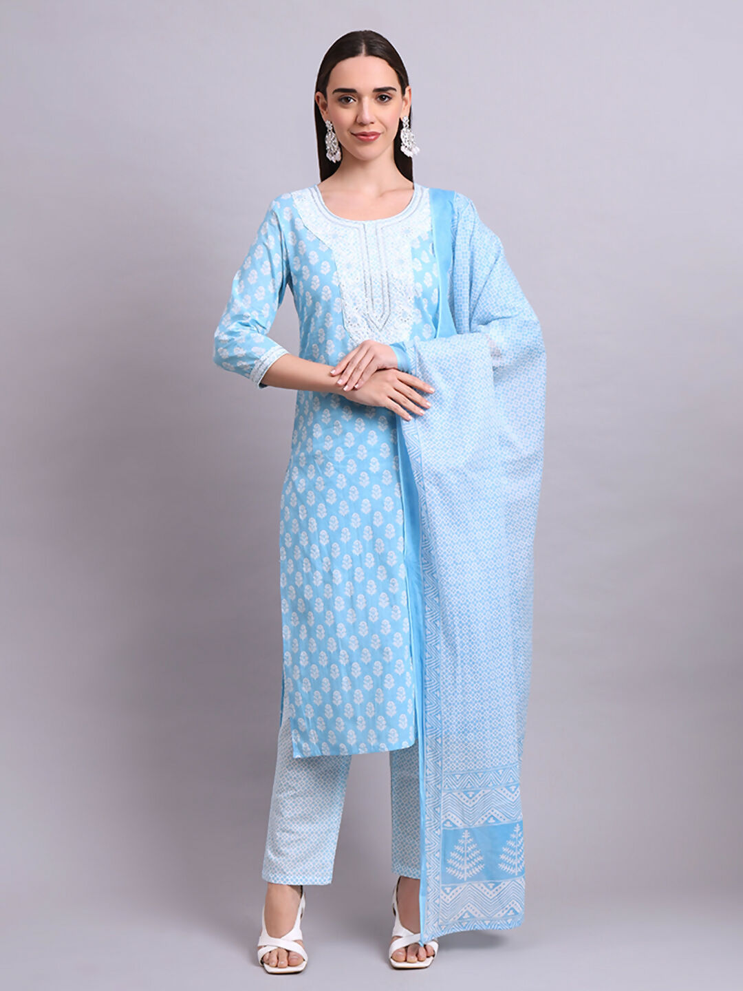 Joban Fashion Sky Blue Cotton Buti Printed & Embroidery Work Kurta With Trousers & Dupatta Set | Grocsy