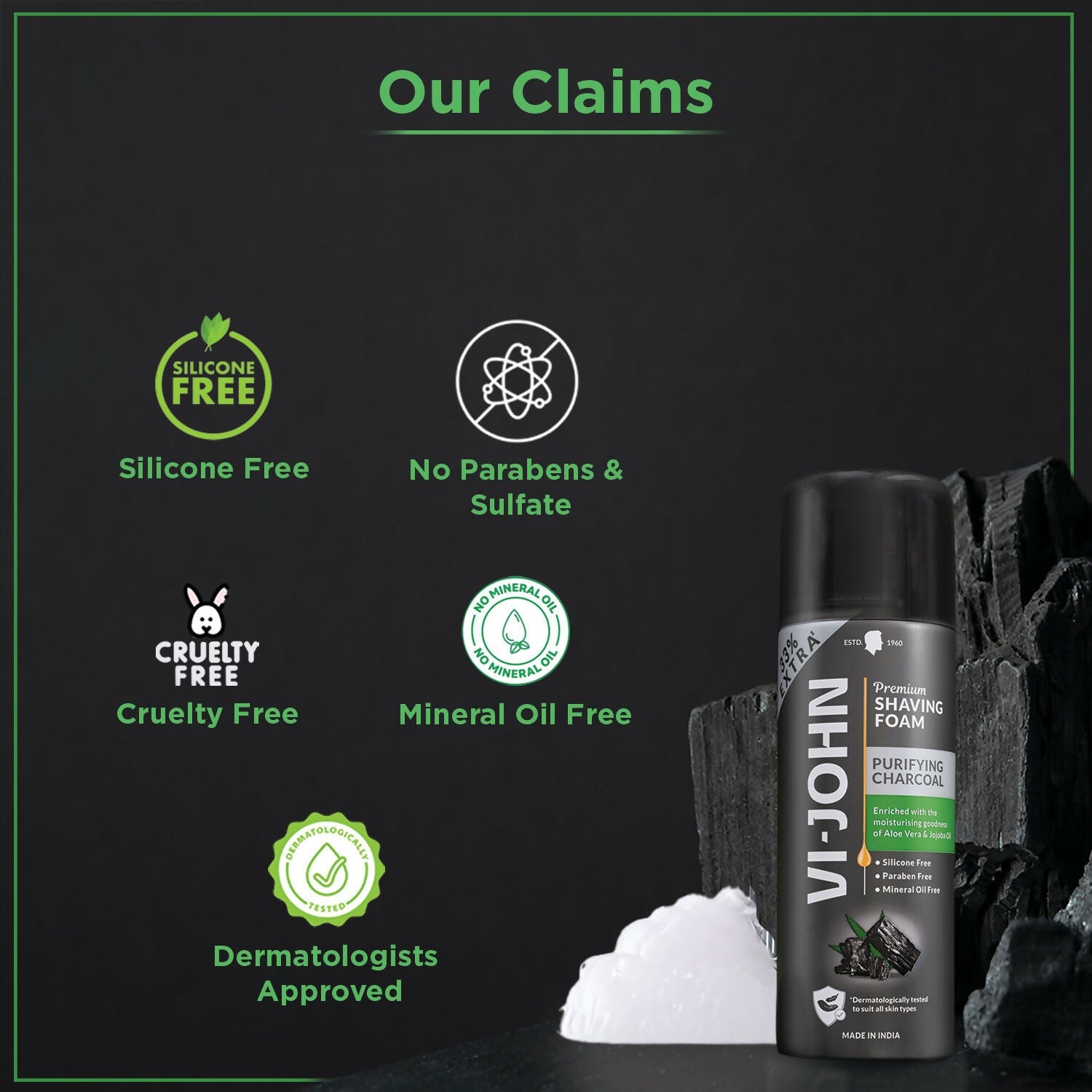 VI-JOHN Dermatologically Tested Premium Purifying Charcoal Shaving Foam Enriched with Aloevera & Jojoba Oil Free From Silicone, Paraben & Mineral Oil | Grocsy