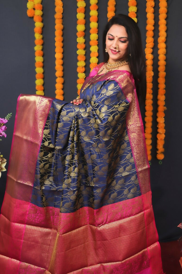 Jyoti Fashion Women's Navy Blue Kanjivaram Silk Zari Woven Saree with Blouse | Grocsy