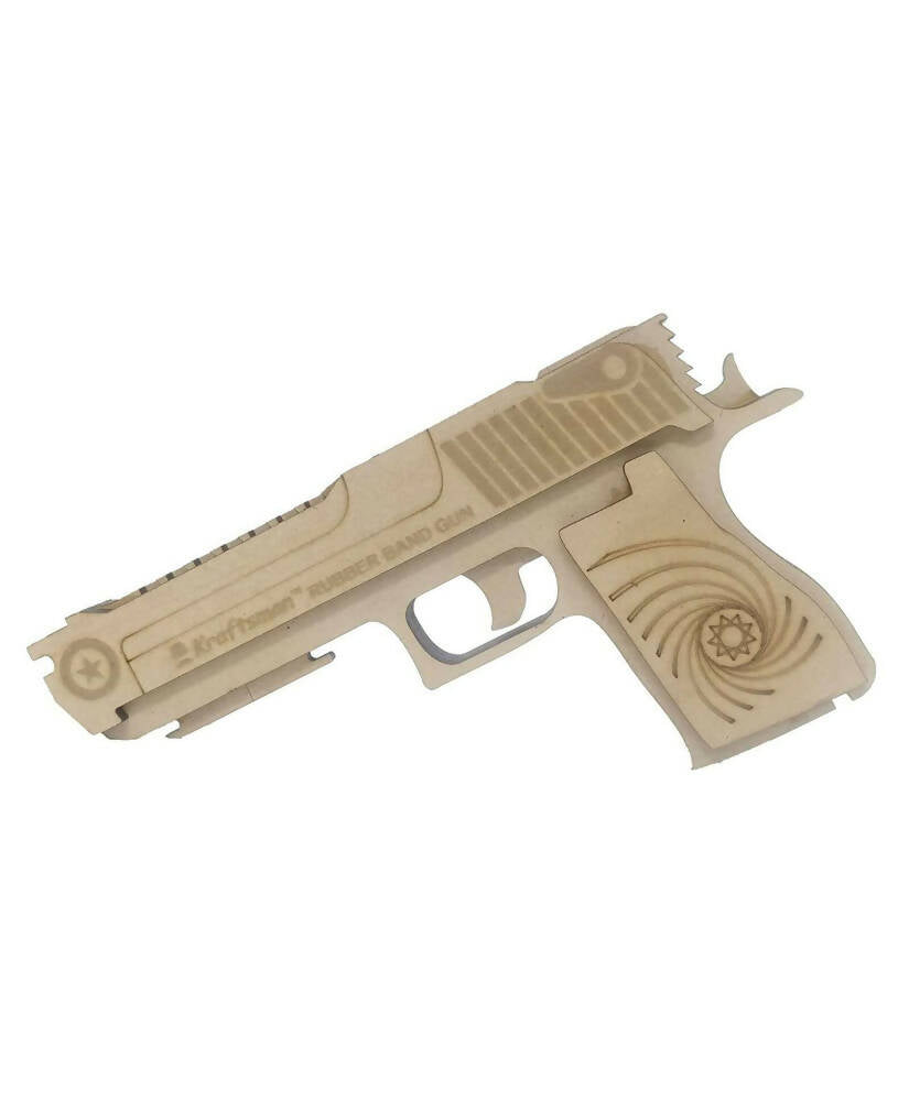 Kraftsman Semi-Automatic Wooden Rubber Band Shooting Gun Toys for Kids & Adults with Target | 5 Rapid Fire Shots (Beige) | Grocsy