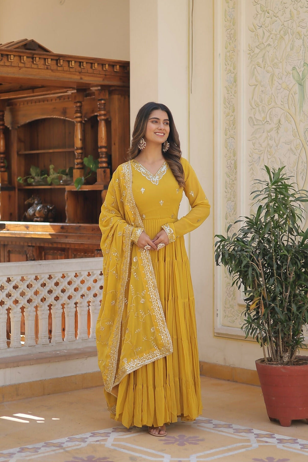 Joban Fashion Yellow Georgette Sequence Embroidery Work Kurta Set | Grocsy