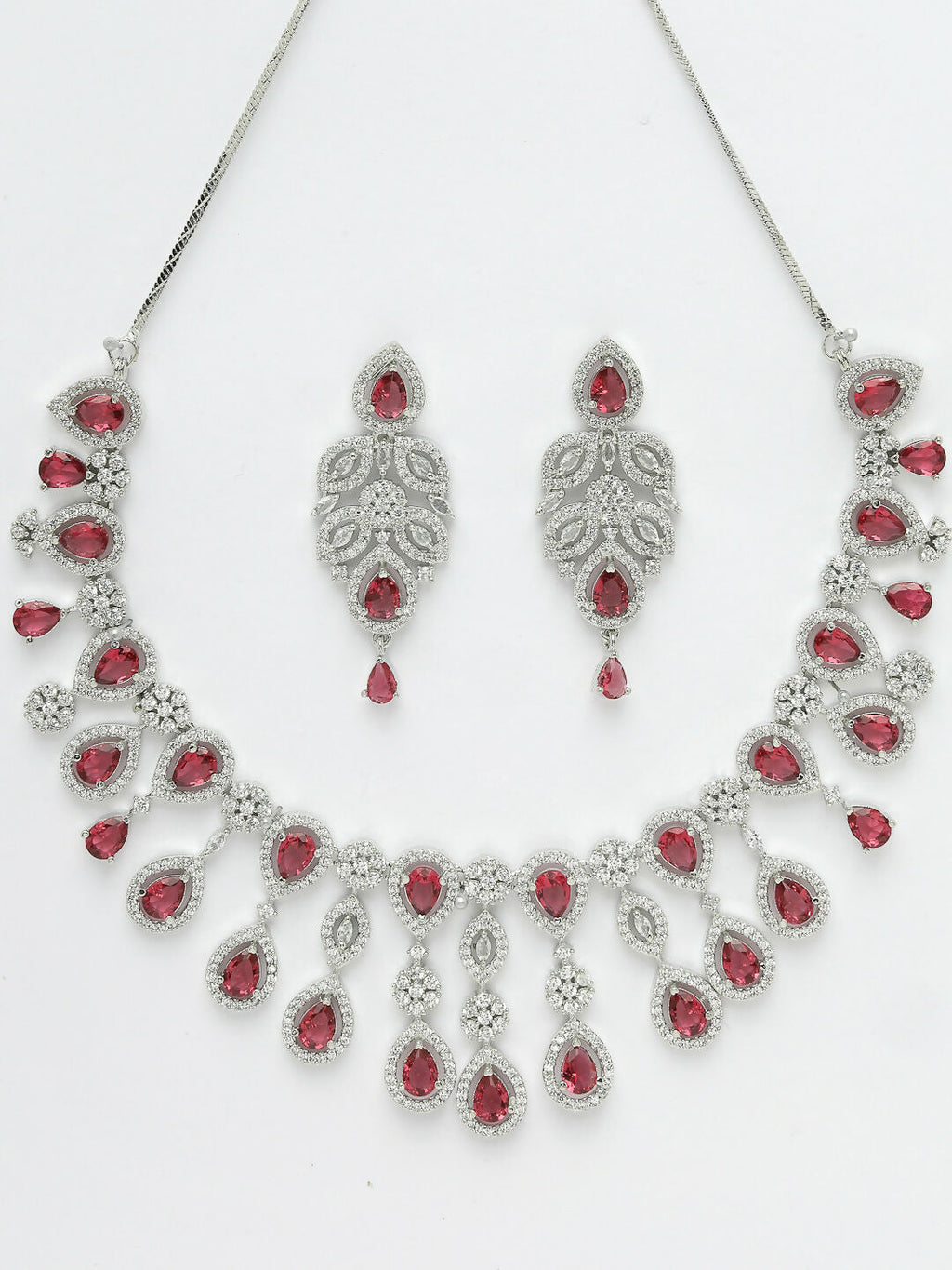 NVR Women's silver plated Maroon CZ stone handcrafted jewellery set | Grocsy