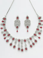 NVR Women's silver plated Maroon CZ stone handcrafted jewellery set | Grocsy