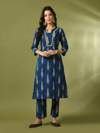 Myshka Women's Blue Printed Cotton Straight Party Kurta Set | Grocsy