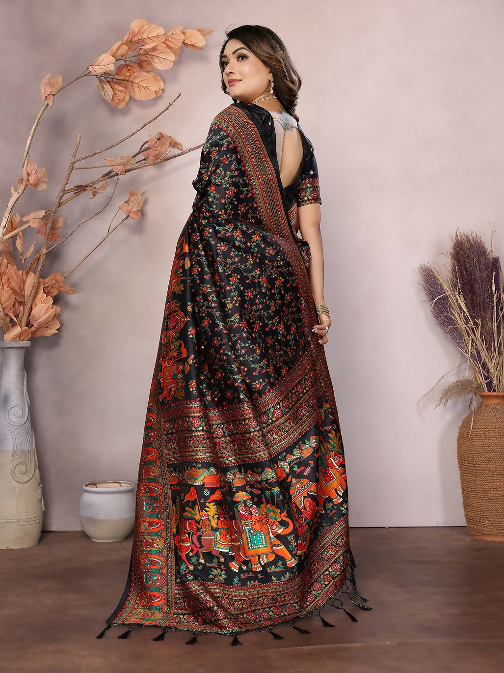 Joban Fashion Black Meena Weaves Pashmina Sarees | Grocsy