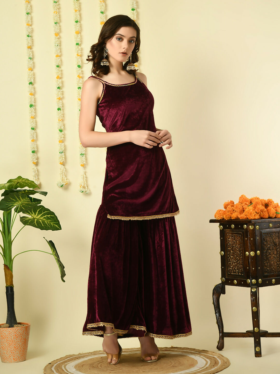 Myshka Women's Magenta Velvet Kurti & Sharara With Dupatta Party Sets | Grocsy