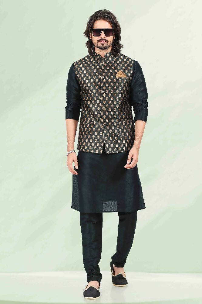Raivat Ethnic Jacquard Banarasi Silk Woven Work 3 Pics Jacket Set In Black Colour | Grocsy