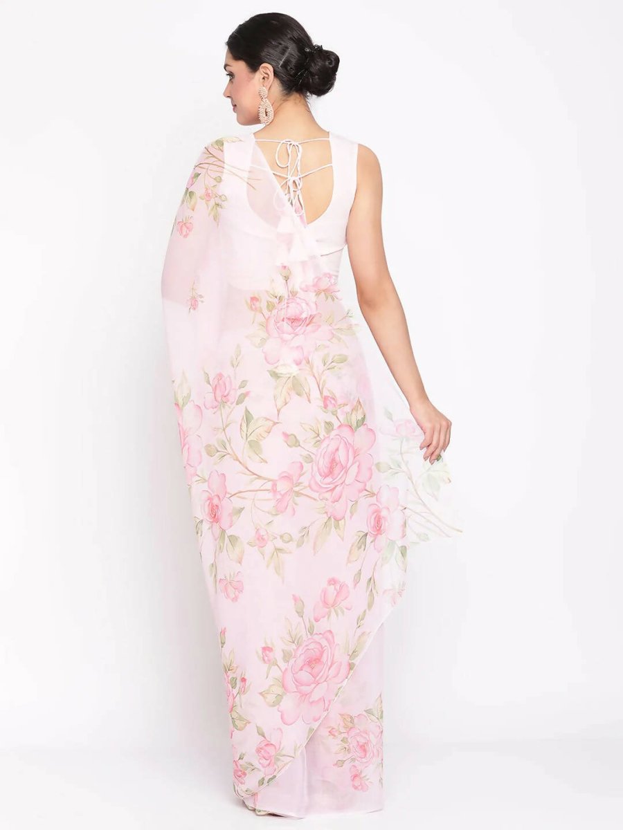 Ahalyaa Women's Baby Pink Digital Print Chiffon Saree | Grocsy