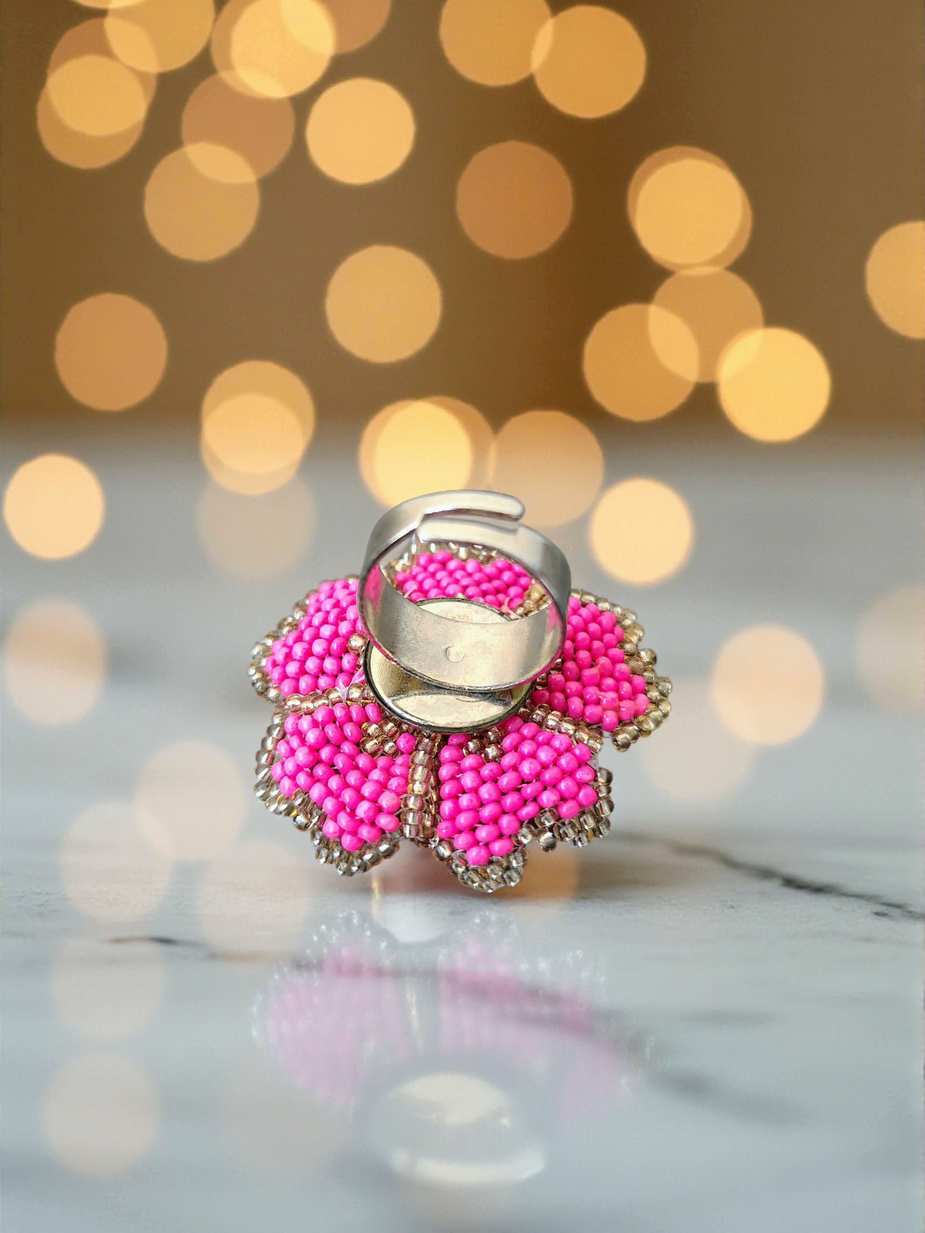 Inhanns Rang-E-Roshan Adjustable Ring – Handmade Crystal Statement Ring - Pink | Grocsy