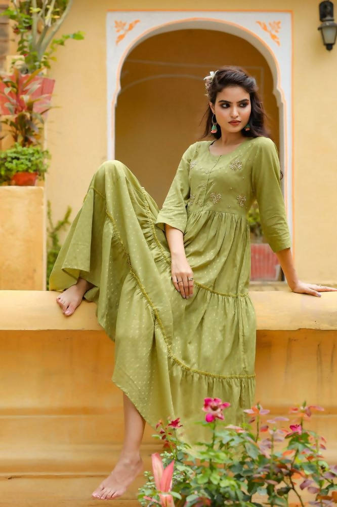 Yufta Green Cotton Dobby Dress | Grocsy
