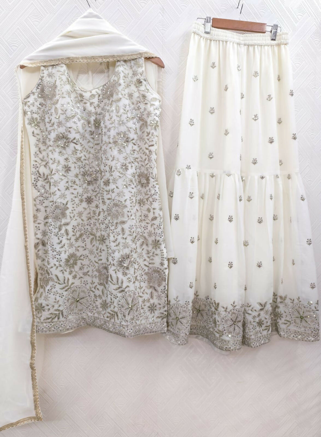 Teeya Creation Women's Georgette White Embroidered Sharara Set With Sequence Work And Lace Border Dupatta | Grocsy