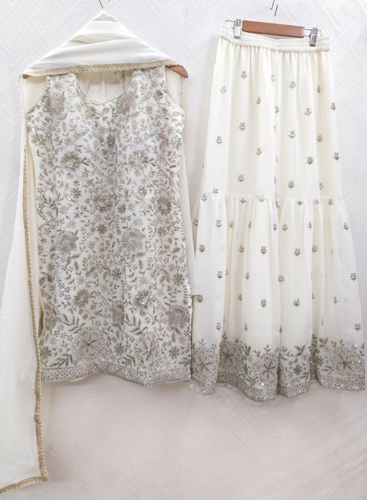 Teeya Creation Women's Georgette White Embroidered Sharara Set With Sequence Work And Lace Border Dupatta | Grocsy