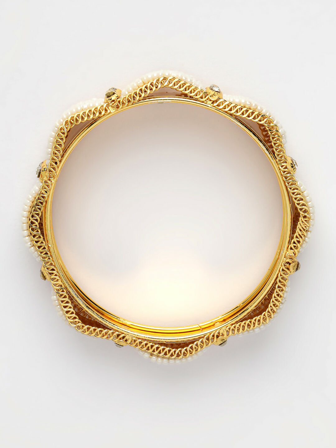 NVR Women's Set of 2 Gold-Polished Pearl Handcrafted Traditional Bangles