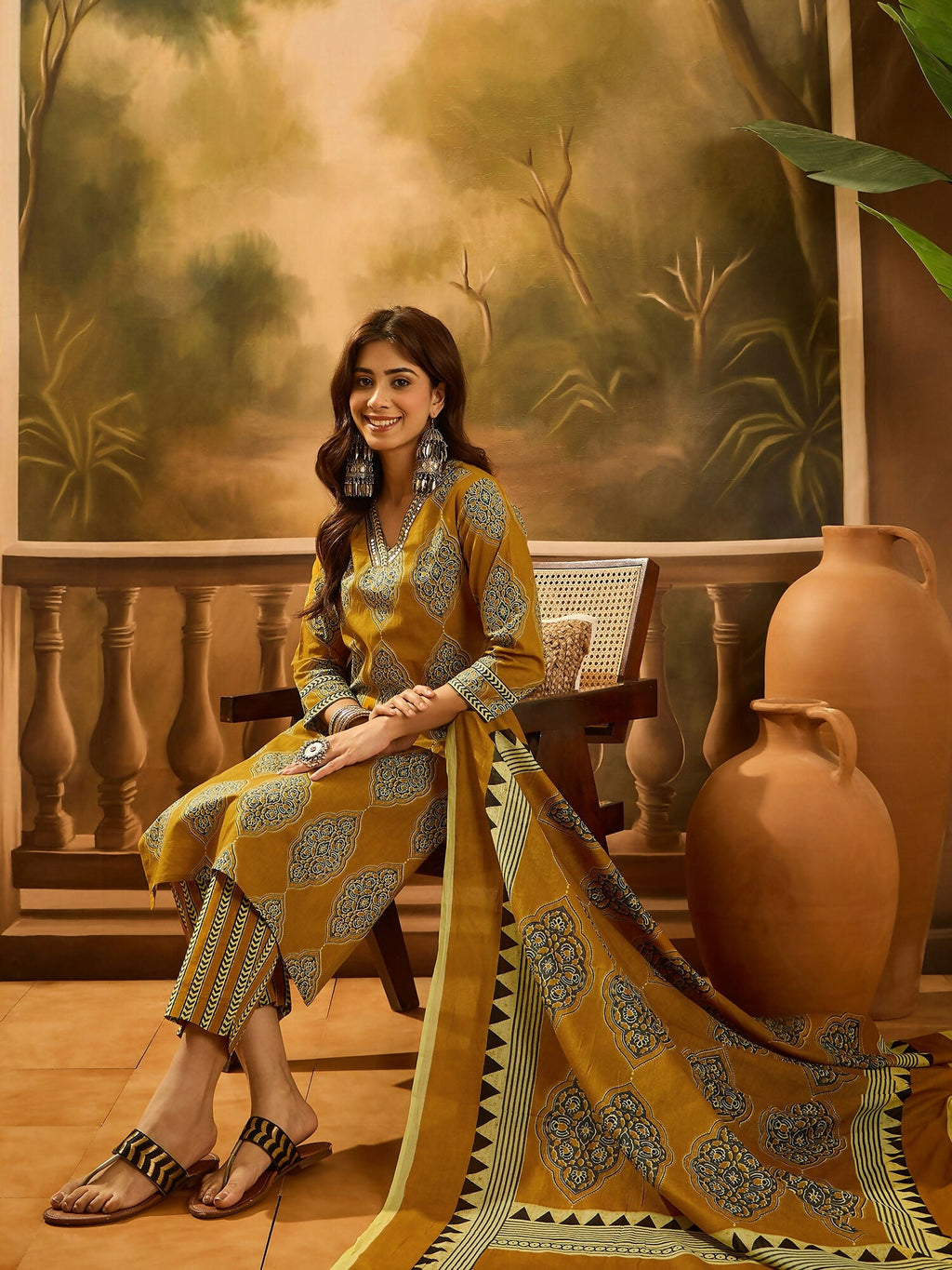 Joban Fashion Printed Mustard Pure Cotton Kurta Set | Grocsy