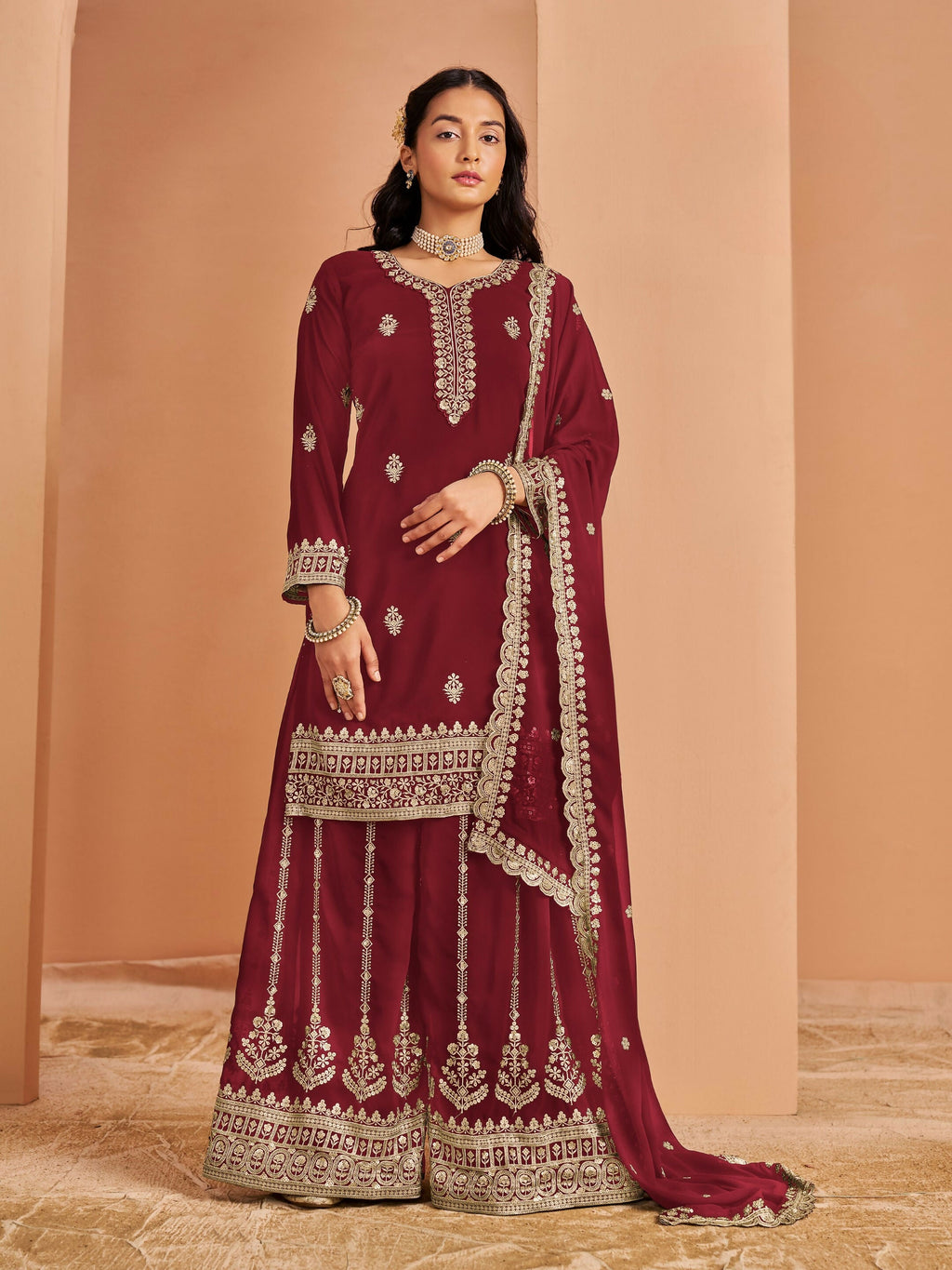 Anaita Maroon Premium Georgette Embroidered Stitched Salwar Suit | Grocsy