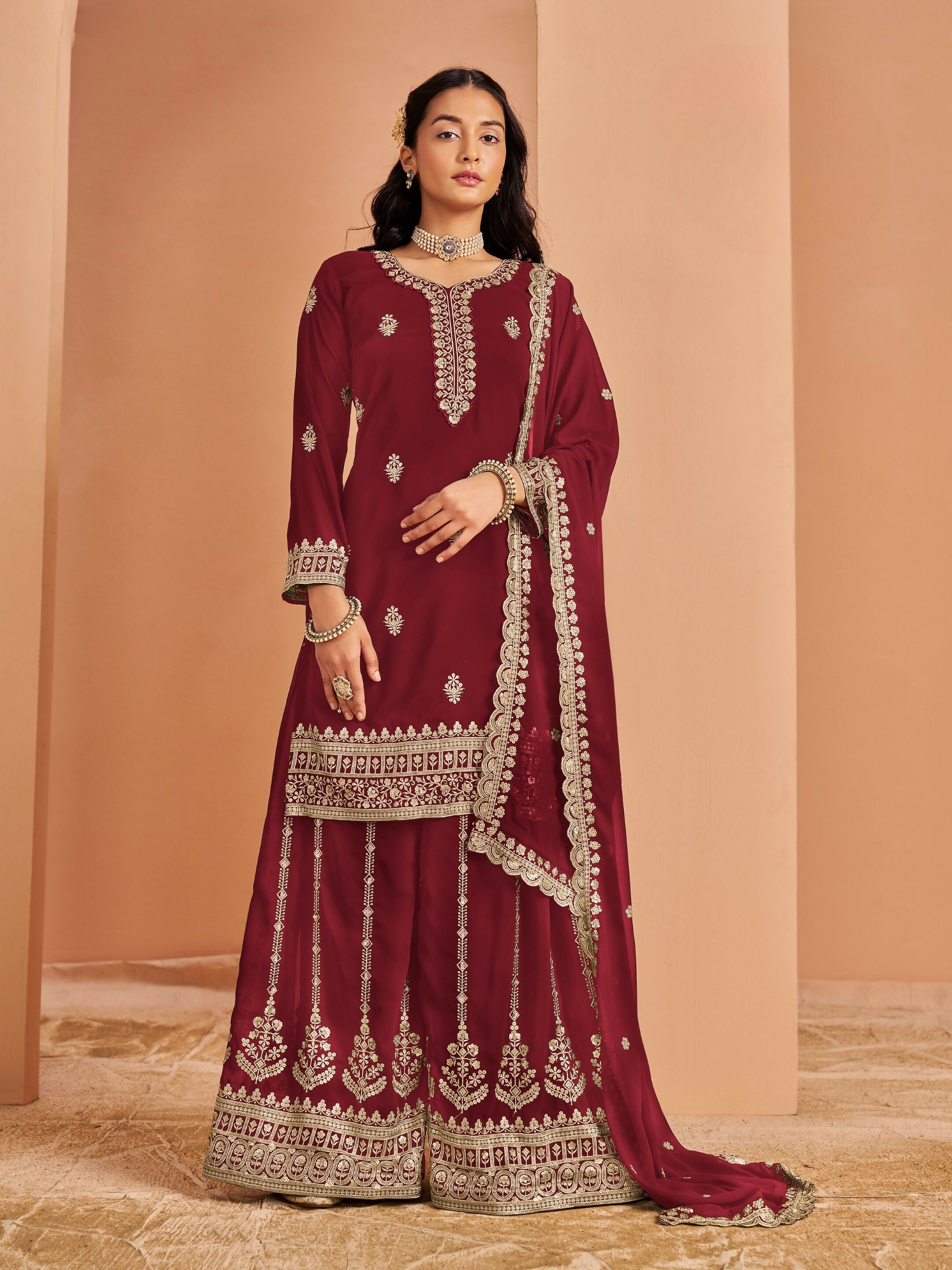 Anaita Maroon Premium Georgette Embroidered Stitched Salwar Suit | Grocsy
