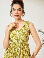 Janasya Olive A-Line Cotton Dress | Grocsy