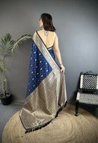 Joban Fashion Navy Blue Zari Weaving Motif Lichi Silk Banarasi Silk Saree | Grocsy
