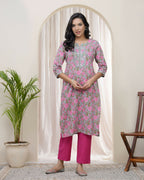 Vaasva Women Grey Cotton Printed Straight Kurti With Pant | Grocsy