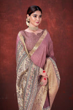 Pink Poly Habotai Silk Foil Print Saree with Unstitched Blouse - Kathari | Grocsy