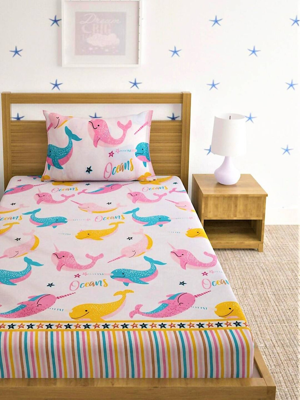 Home Sizzler Pink & Blue Cartoon 210 TC Cotton Bedsheet with Pillow Covers | Grocsy