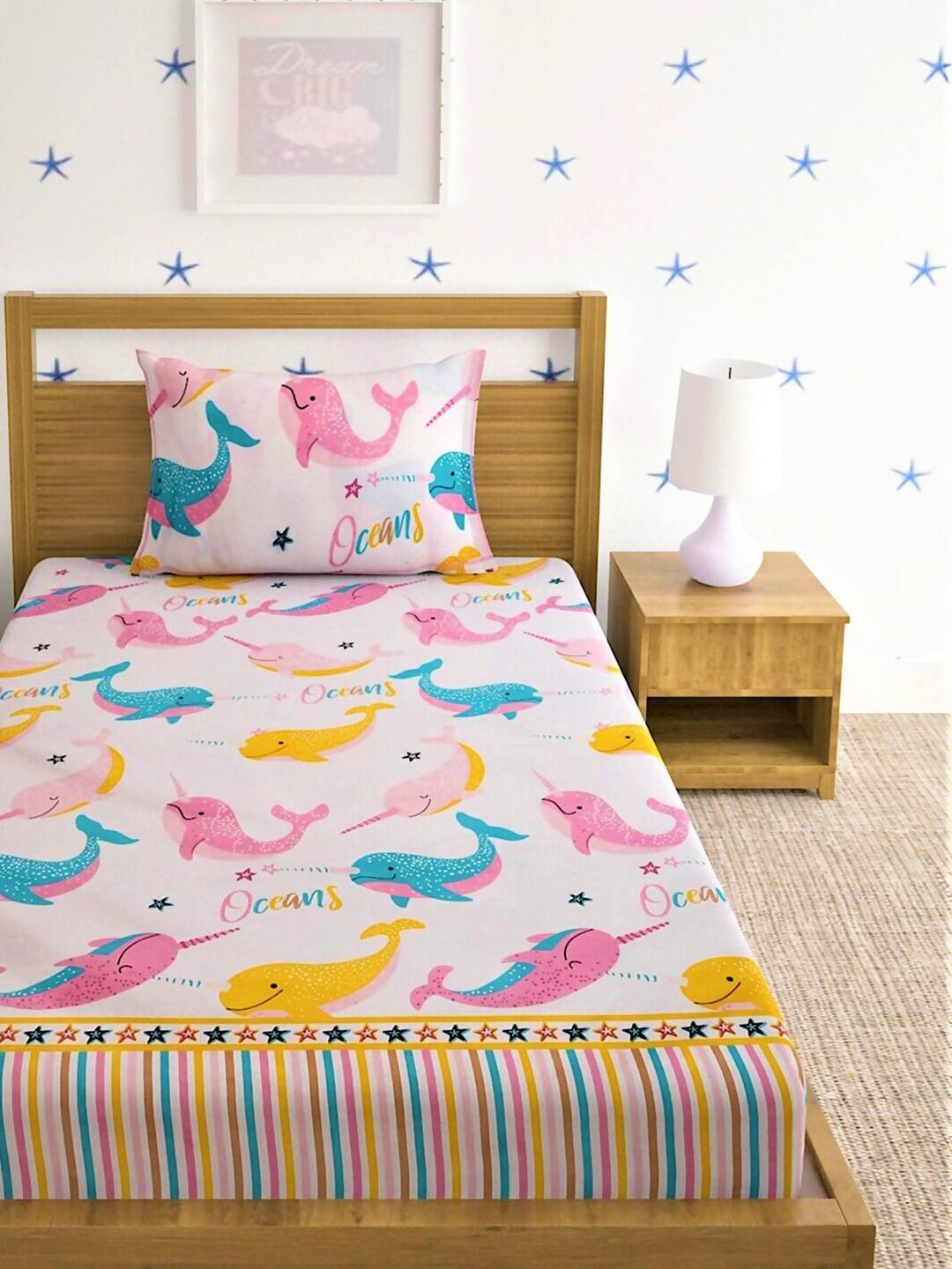 Home Sizzler Pink & Blue Cartoon 210 TC Cotton Bedsheet with Pillow Covers | Grocsy