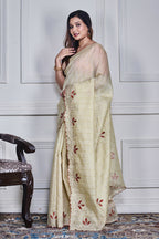 Morchari Beige Kota Check Zari Embroidery Saree Unstitched Blouse | Grocsy