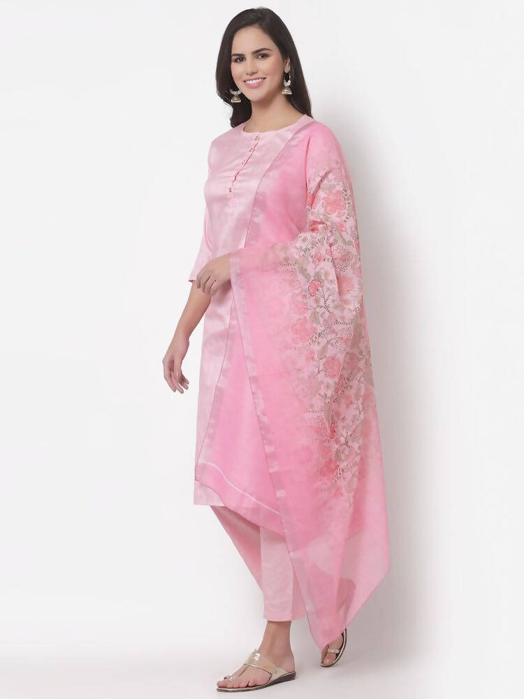 Myshka Women's Cotton 3/4 Sleeve Round Neck Casual Pink Kurta Pant Dupatta Set | Grocsy