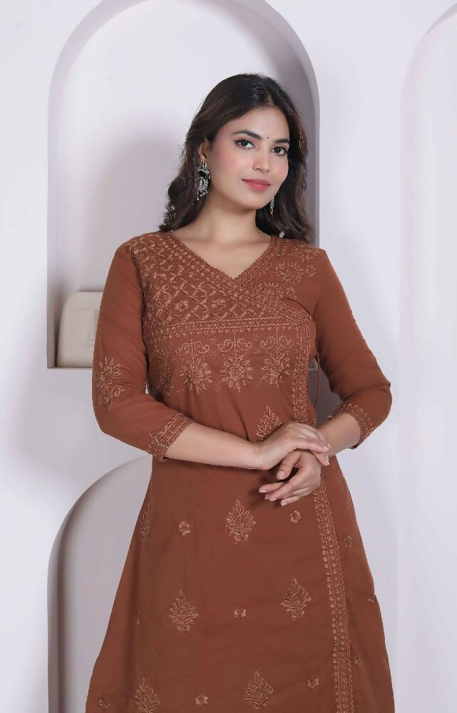Miravan Womens Brown Floral Printed Angrakha Style Kurta With Palazzo | Grocsy