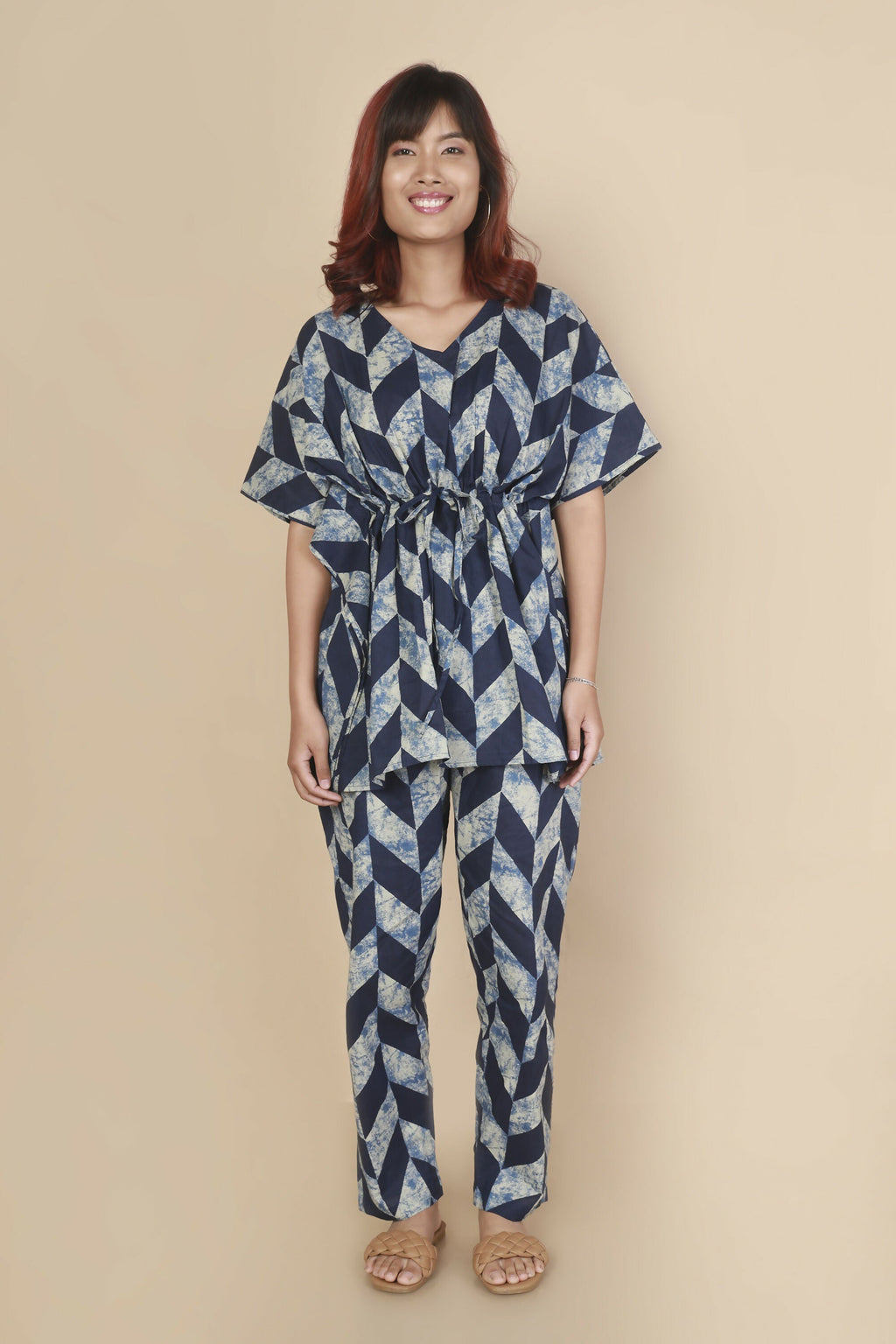 Breathables Women’S Loungewear Kaftan Cotton Blue Geometric Print Co-Ord Set | Grocsy