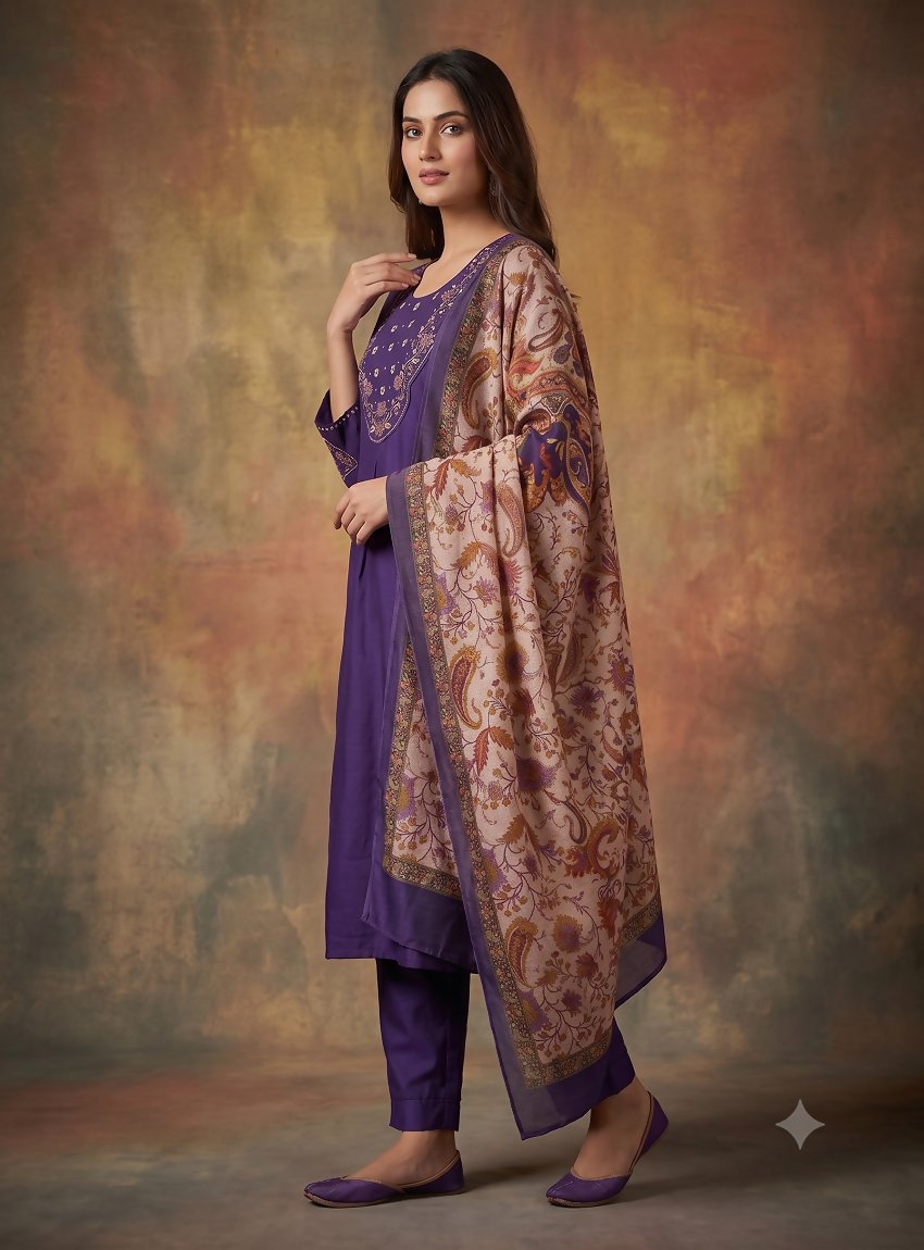 Teeya Creation Women Purple Embroidered Straight Kurta Set With Dupatta | Grocsy
