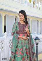 Partywear Designer parrot Dola Silk Anarkali suit with Dupatta - Suzen | Grocsy